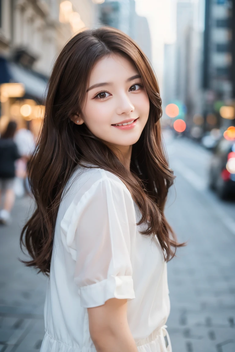 ((Highest quality, 8K, masterpiece :1.3)), 1, smile, whole body, Face thinning, Beautiful woman, (Dark brown hair), :1.1, Highly detailed face, Delicate eyes, double eyelid, Blurred Background, Face thinning, city, External, street,