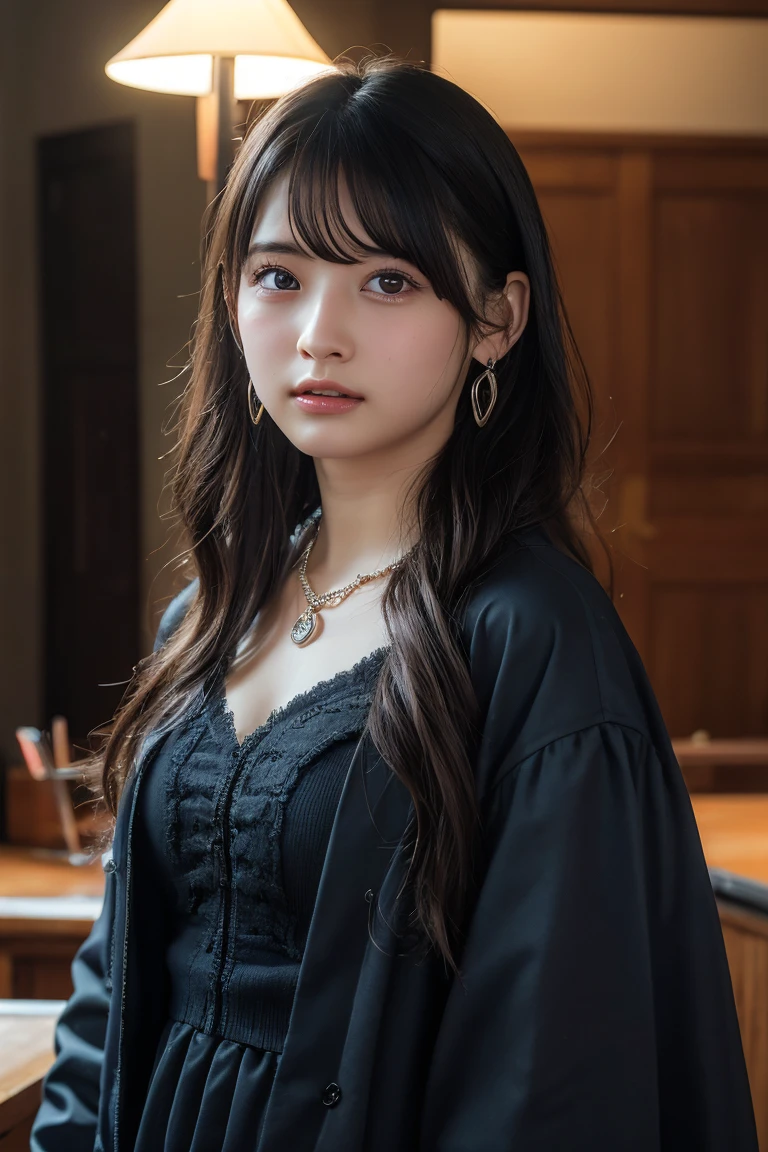 (Highest quality:1.4),(masterpiece:1.4),(Realistic:1.4),(Realistic:1.2),(超High resolution, RAW Photos:1.4),(High resolution, Super detailed:1.2),(8K:1.2),View your audience,Cinematography,One Girl,skeletally correct,Black-haired woman,(Small earrings,necklace,Witch Cosplay,View from the front),(Inside the Western-style building,Dimly lit room,The lamplight shines on my cheeks)