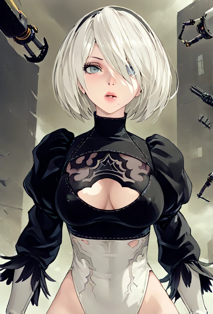 yorha 2B, Nier automata, mature woman, white hair, mature body, curvy body, battle damaged, looking up at viewer, front view, 