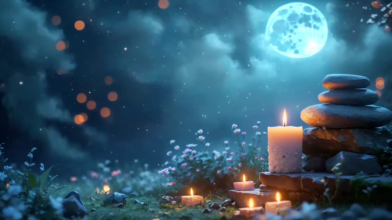 There is a candle and a stone on the table on the grass, night with Moon and candle, Moon and candle, Dreamy atmosphere of a moonlit night, Magic Background, Peaceful atmosphere, Magical atmosphere, soft Moonlight Illumination, Moonlight lighting, Candlelit, Background artwork, Relaxed atmosphere, Moonlight Illumination, Sweet Night Ambient, Candlelight, at night with moon light, Moonlight Background