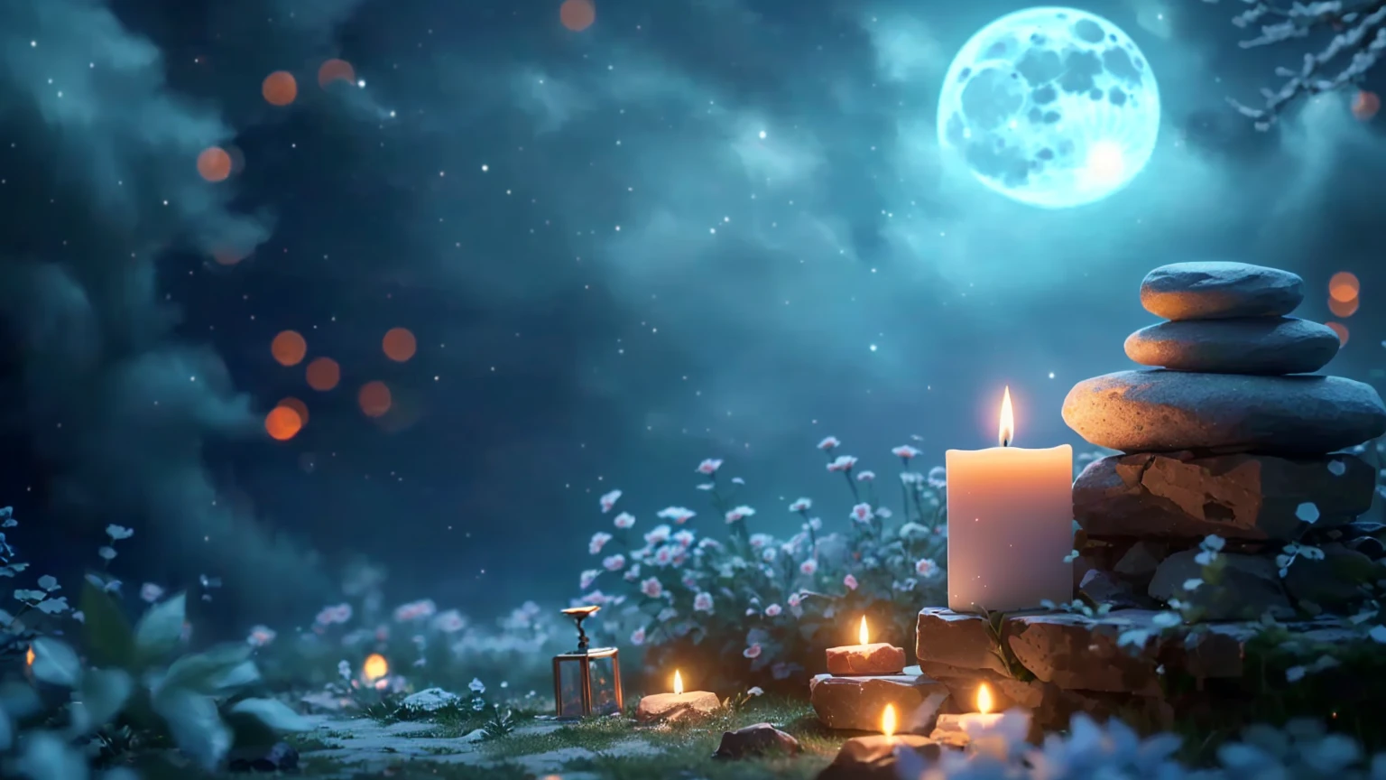 There is a candle and a stone on the table on the grass, night with Moon and candle, Moon and candle, Dreamy atmosphere of a moonlit night, Magic Background, Peaceful atmosphere, Magical atmosphere, soft Moonlight Illumination, Moonlight lighting, Candlelit, Background artwork, Relaxed atmosphere, Moonlight Illumination, Sweet Night Ambient, Candlelight, at night with moon light, Moonlight Background