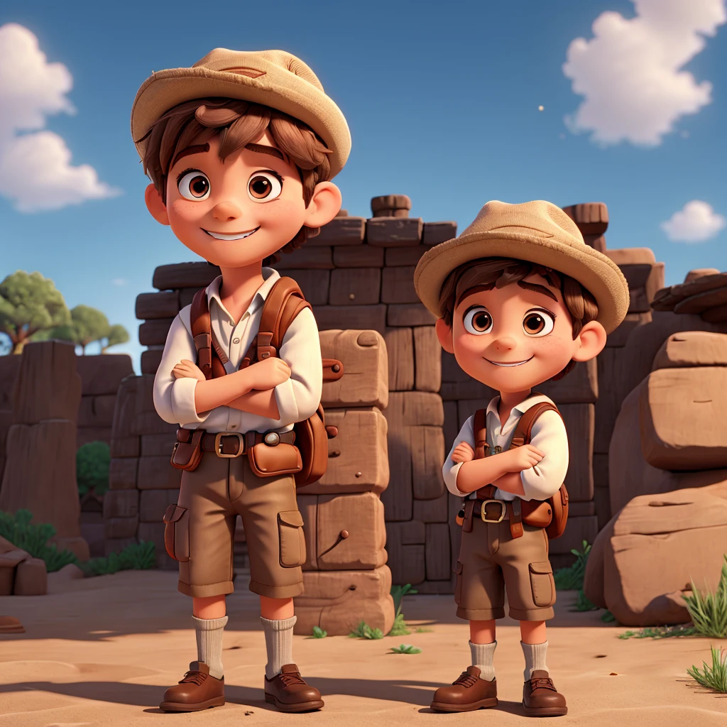 A 5 year old boy with brown hair, wearing adventurer costume with hat, Smiling and with my arms crossed. 8K, UHD and pixar style.