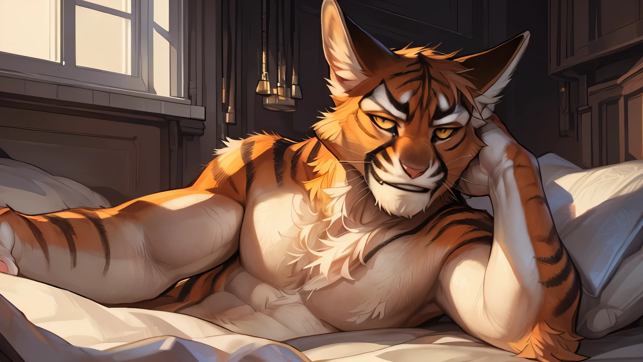 (by windwttom, by darkgem, by edjit, by null-ghost, by seatohao), zib, orange fur, white belly, fluffy fur, smile, solo, teeth, relaxed, lying on side, cat, muscular male, yellow eyes, (looking at viewer), (smirk), bedroom, shirtless, detailed fur, seductive, foreshortening, perspective, face focus, full body