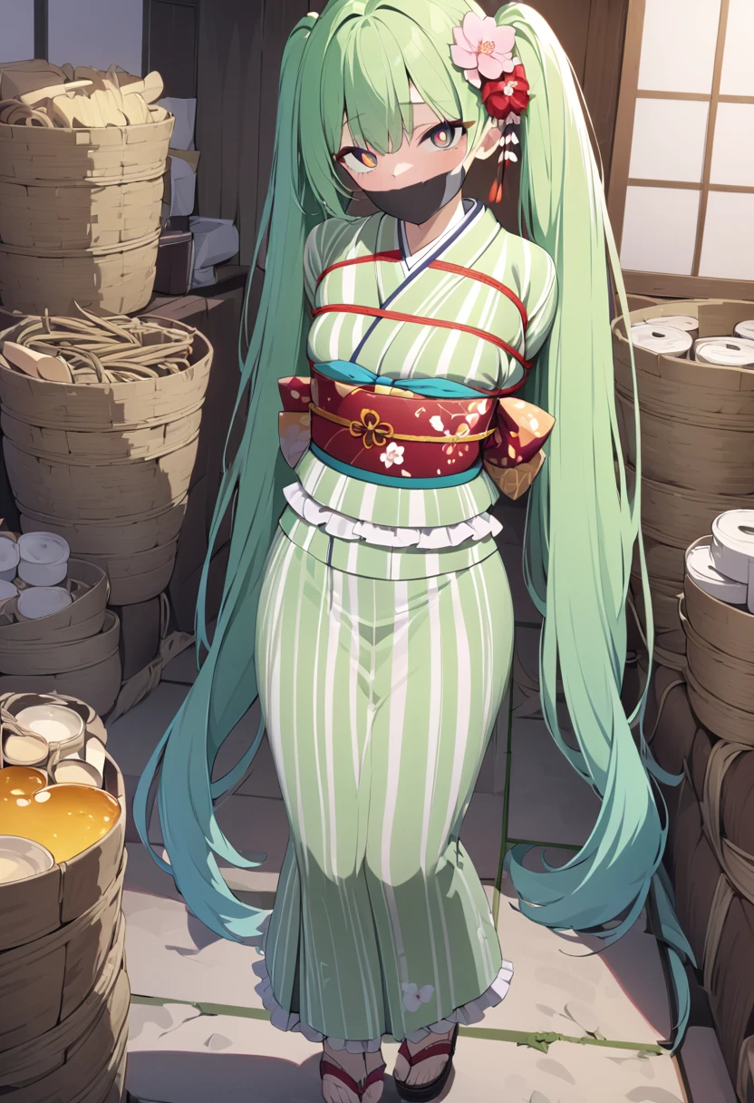 masterpiece, absurdres, high detail, uhd, japan, kyoto, arashiyama,
standing, , woven basket, honey smile,
rutika, green hair, very long hair, twintails, japanese clothes, hair_ornament, hair flower, green kimono, long sleeves, wide sleeves, frills, sash, obi, vertical stripes, striped kimono
(bound with an excessive amount of ropes), (bound wirsts), (arms behind back), (tapegag, tape gag), dramatic,  (looking at viewer), (detailed pupils:1.3),