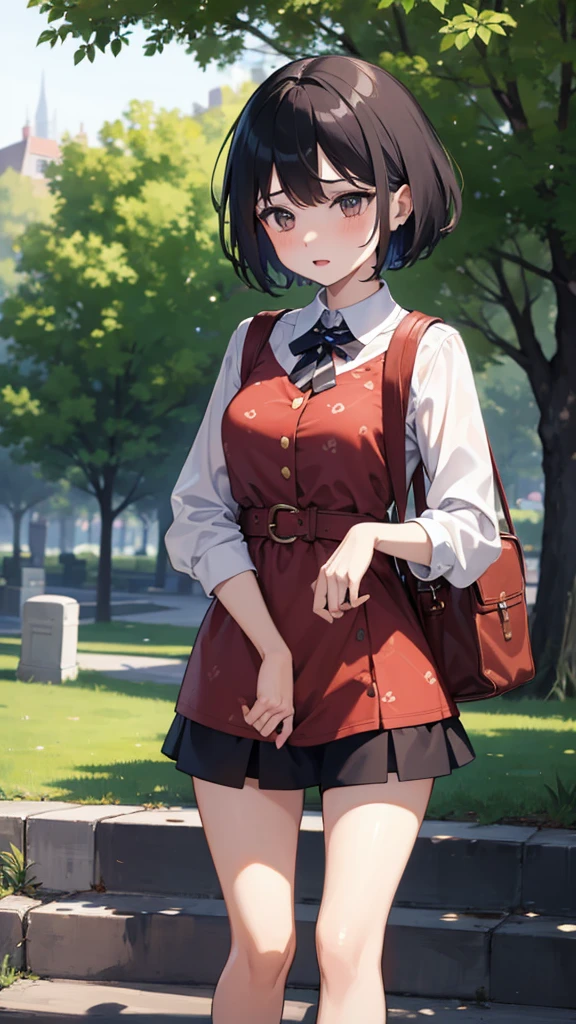 Sensual girl walking in the park without trees, She wears a teddy bear print outfit and a short skirt showing her thighs