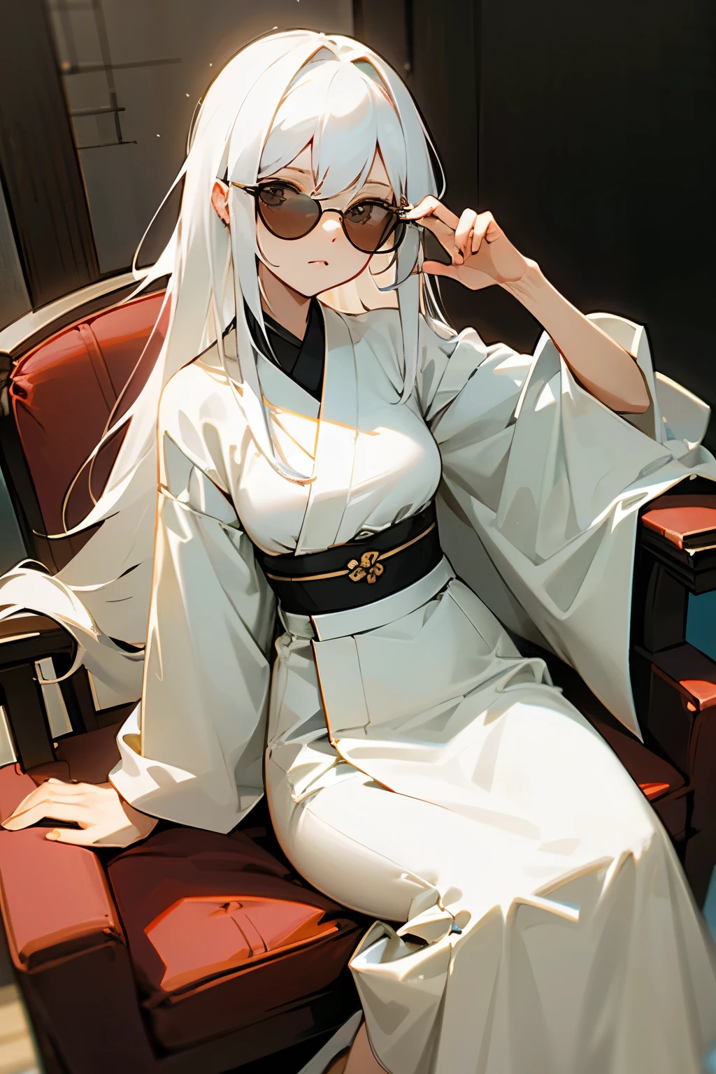 Older sister, thin, long white hair, wearing sunglasses, small breasts, white shirt with black edges, gray eyes, sitting on a chair, Japanese style.