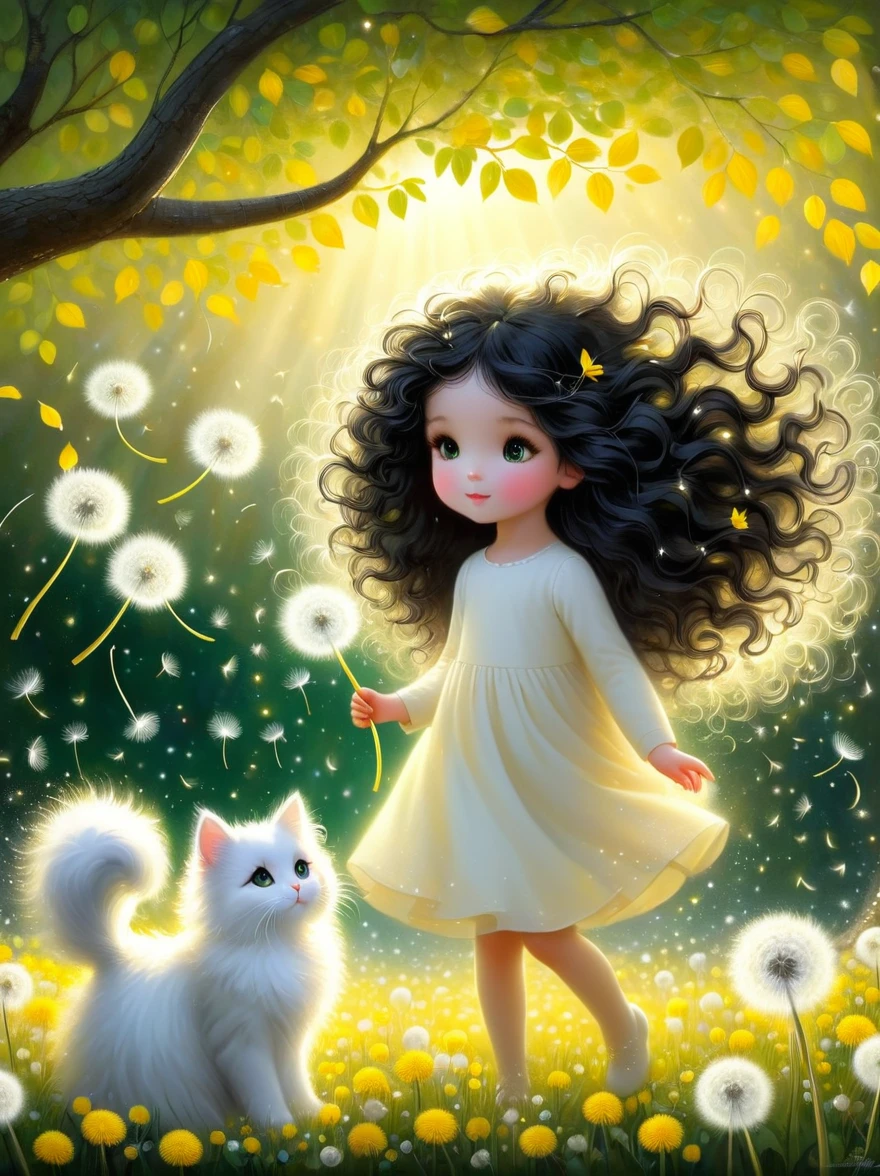 1girl, cute, long black curly hair, a white cat, soft light, dandelions flying down from the trees, the ground is covered with yellow and green leaves, emitting silver light, childlike innocence, storybook-like, gentle depiction of nature, worn, so beautiful,  in the style of Amanda clark, Evgeni gordiets, 1nhbm1