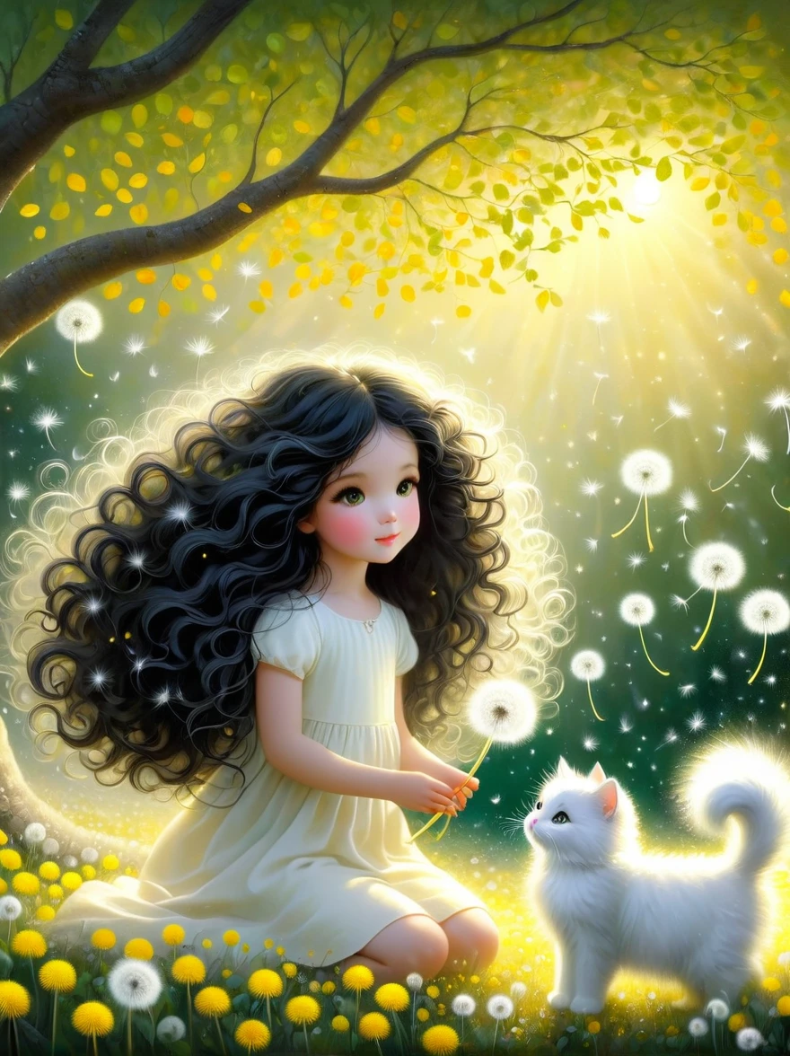 1girl, cute, long black curly hair, a white cat, soft light, dandelions flying down from the trees, the ground is covered with yellow and green leaves, emitting silver light, childlike innocence, storybook-like, gentle depiction of nature, worn, so beautiful,  in the style of Amanda clark, Evgeni gordiets, 1nhbm1