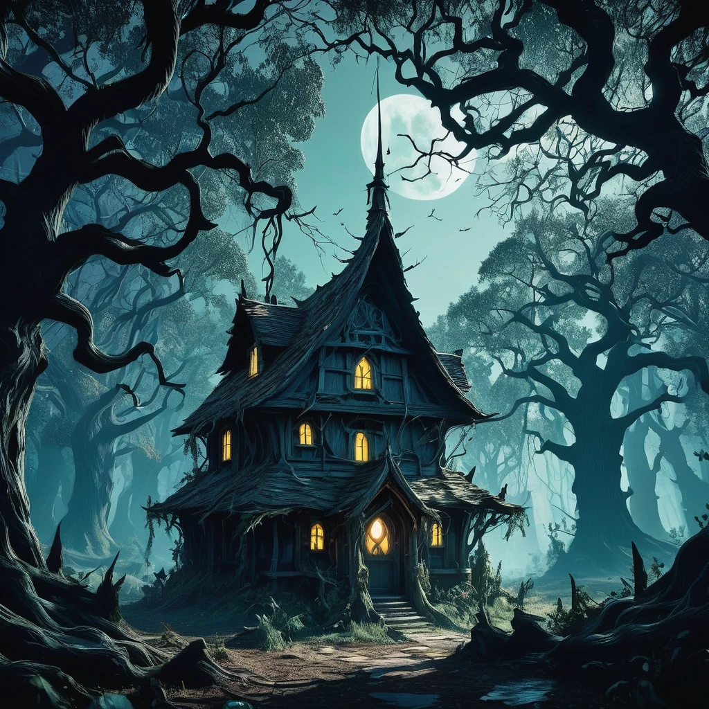 Hidden deep within the ominous shadows of the Blackwood Forest, where twisted branches claw at the sky and ancient oaks loom like guardians of forgotten secrets, stands a small witch's house