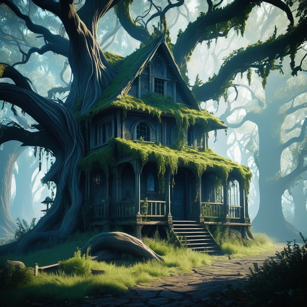 Hidden deep within the ominous shadows of the Blackwood Forest, where twisted branches claw at the sky and ancient oaks loom like guardians of forgotten secrets, stands a small witch's house