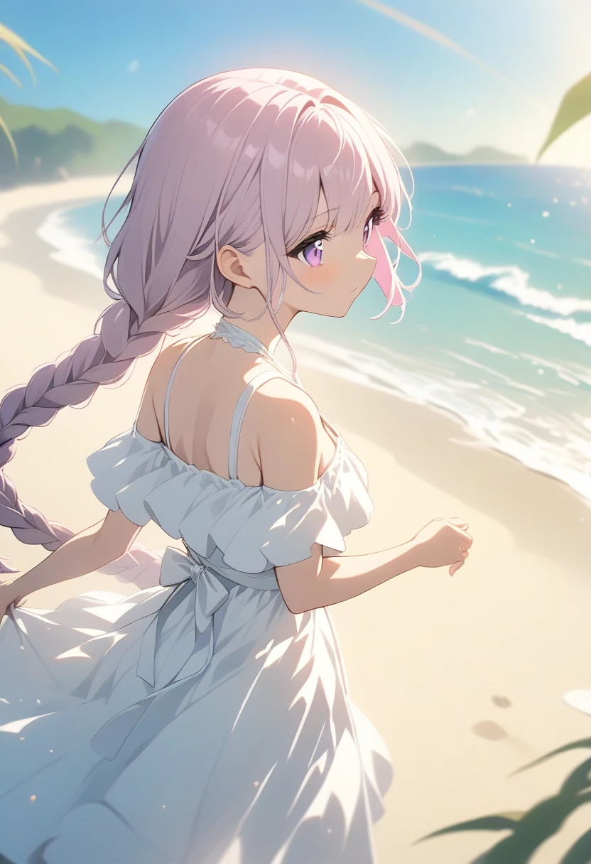 One girl,High resolution, high quality, masterpiece, mxmk white dress, Bare shoulders, Purple eyes, White Dress, Braiding, impact, Beach