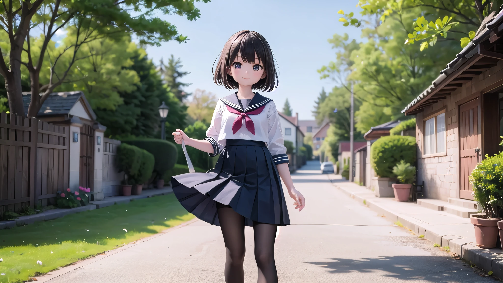 (masterpiece),  town,  blue sky,  One Girl,  smile,  alone,  Sailor suit、Long skirt,  Overgrown,  petal,  plant、Skirt lining、Translucent slip、nostalgic、Black Pantyhose