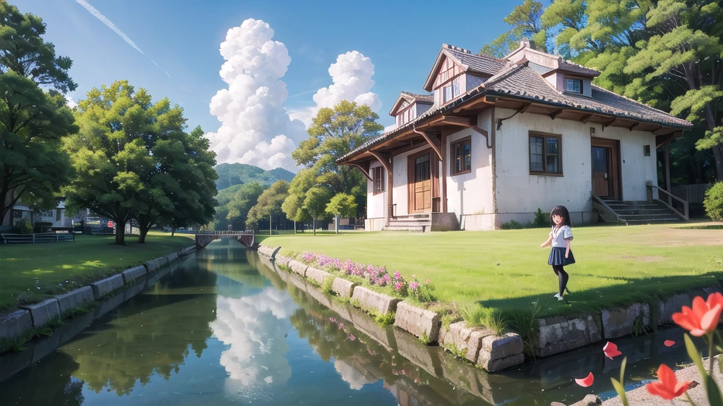 (masterpiece), town, blue sky, One Girl, smile, alone, Sailor suit、Long skirt, Overgrown, petal, plant、Skirt lining、Translucent slip、nostalgic、Black Pantyhose