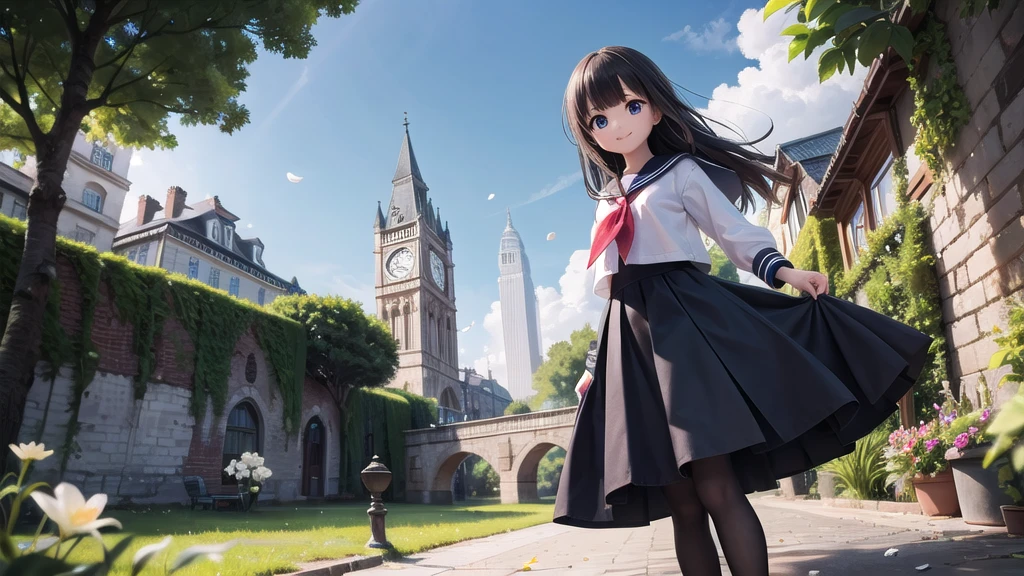 (masterpiece), town, blue sky, One Girl, smile, alone, Sailor suit、Long skirt, Overgrown, petal, plant、Skirt lining、Translucent slip、nostalgic、Black Pantyhose