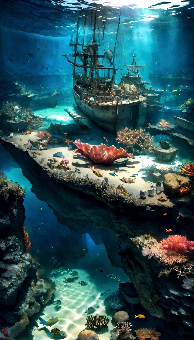 (criaturas do fundo do mar, Ship navigation, beach loaded with plastic), (best quality, 4k, Altas), ultra-detalhado, (fotorrealista:1.37), vivid colors, HDR, underwater scene, shimmering bioluminescence, exotic marine species, Ancient shipwreck, clear blue water, Sun rays penetrating the surface of the ocean, dramatic lighting, realistic reflections, intrincados recifes de coral, Cardumes de peixes coloridos, Correntes de turbilhonamento, plastic debris floating, tartarugas marinhas angustiadas, Polluted coastline, Distant horizon, atmosfera sombria
