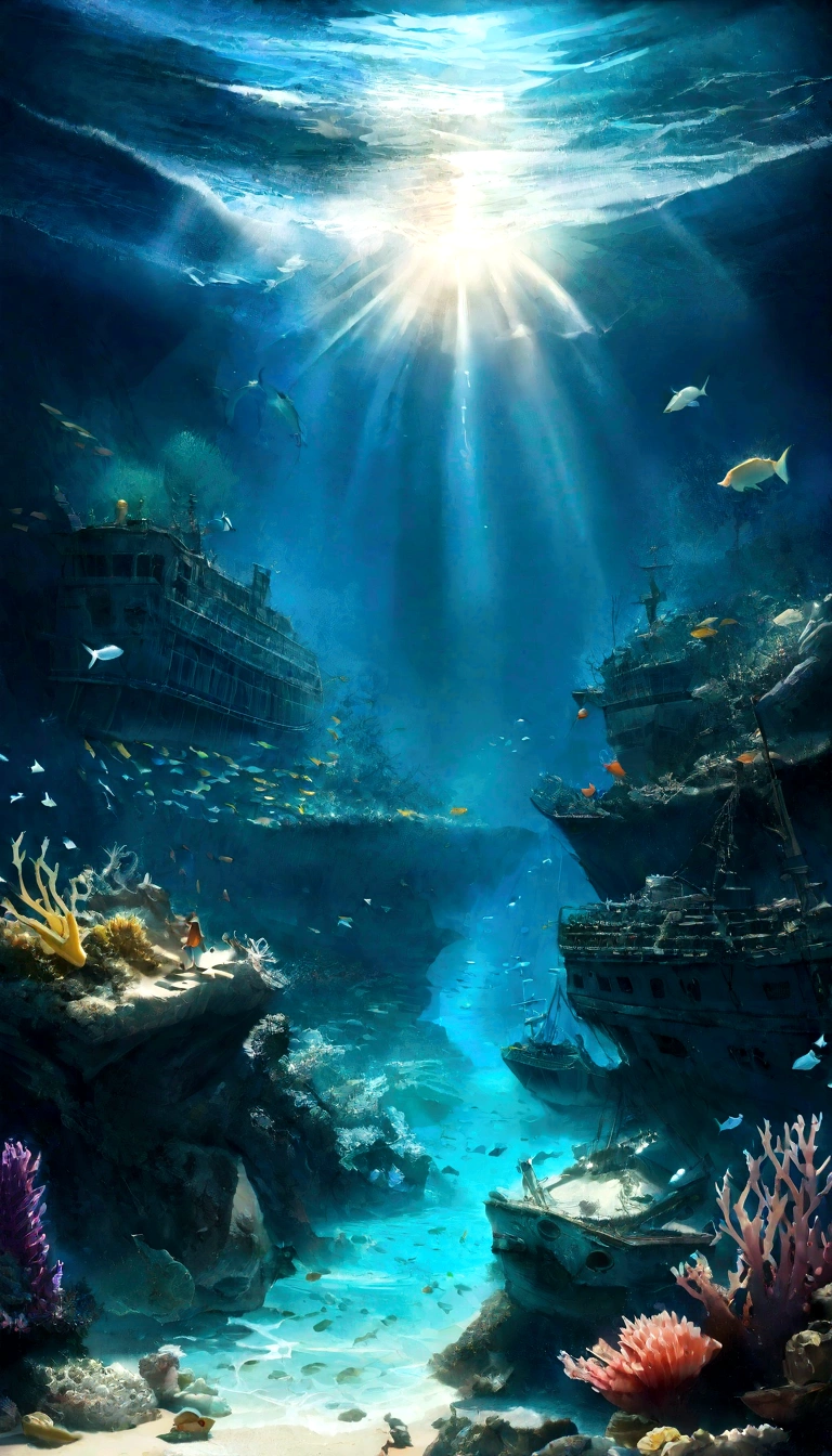(criaturas do fundo do mar, Ship navigation, beach loaded with plastic), (best quality, 4k, Altas), ultra-detalhado, (fotorrealista:1.37), vivid colors, HDR, underwater scene, shimmering bioluminescence, exotic marine species, Ancient shipwreck, clear blue water, Sun rays penetrating the surface of the ocean, dramatic lighting, realistic reflections, intrincados recifes de coral, Cardumes de peixes coloridos, Correntes de turbilhonamento, plastic debris floating, tartarugas marinhas angustiadas, Polluted coastline, Distant horizon, atmosfera sombria