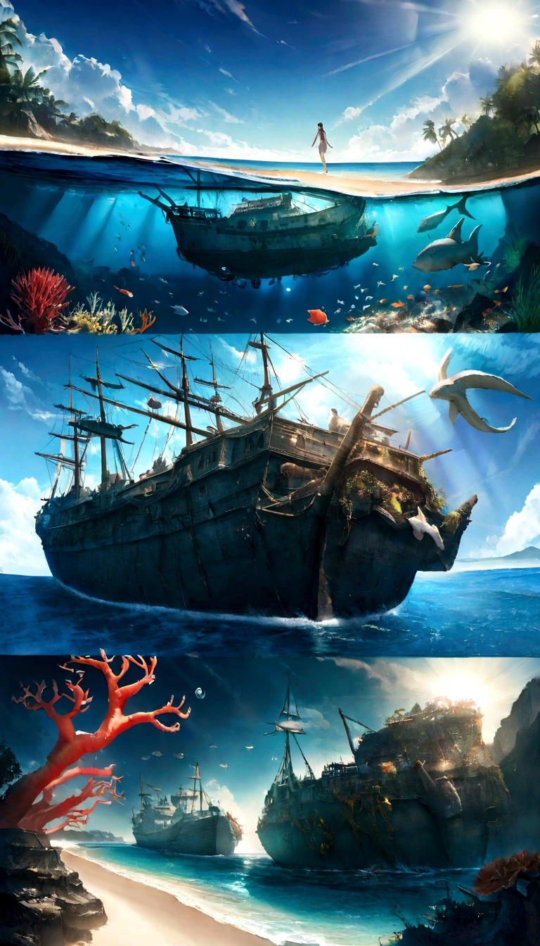 (criaturas do fundo do mar, Ship navigation, beach loaded with plastic), (best quality, 4k, Altas), ultra-detalhado, (fotorrealista:1.37), vivid colors, HDR, underwater scene, shimmering bioluminescence, exotic marine species, Ancient shipwreck, clear blue water, Sun rays penetrating the surface of the ocean, dramatic lighting, realistic reflections, intrincados recifes de coral, Cardumes de peixes coloridos, Correntes de turbilhonamento, plastic debris floating, tartarugas marinhas angustiadas, Polluted coastline, Distant horizon, atmosfera sombria