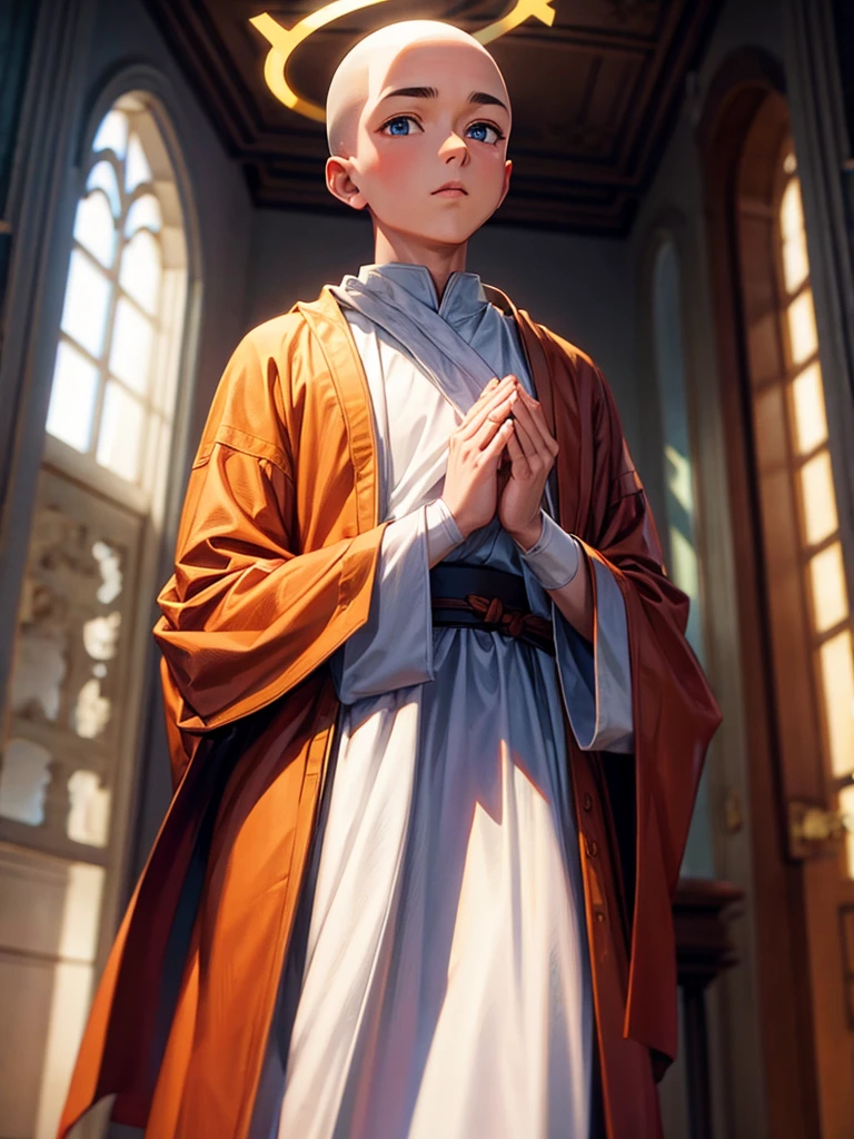 Highest quality,Highest Resolution,A skinhead monk wearing a robe prays with his hands together,Halo,