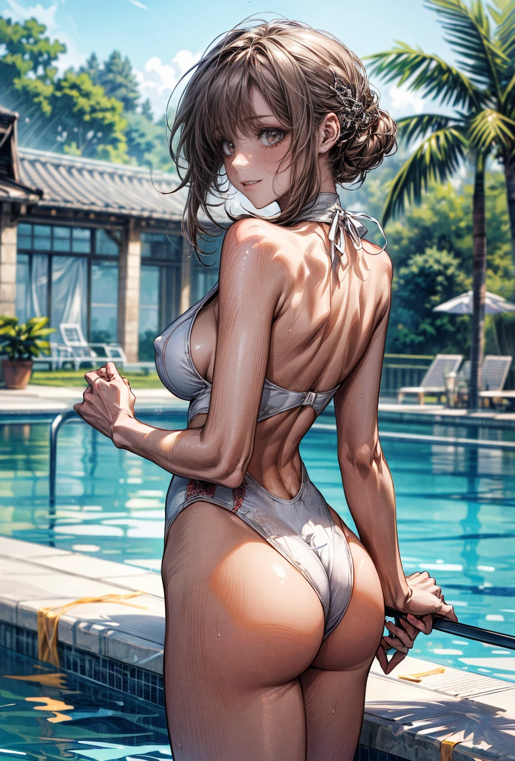 (masterpiece, Highest quality, Super detailed:1.3), Perfect composition, 4K, (Very detailed, Super detailed), White competitive swimsuit, Simple high-leg swimsuit、High resolution, 8k Texture, Attention to detail, Very detailed肌の質感, Magnificent details, High Sharpness, One girl, (Fine grain:1.3), Many layers of eyes、(25-year-old woman:1.3), (skinny), (Big Breasts),  Outdoor swimming pool side,smile、A pleasant looking face、Toned body、Shot from the back、turn around、Nipple swelling、Wet Skin、Beautiful feet