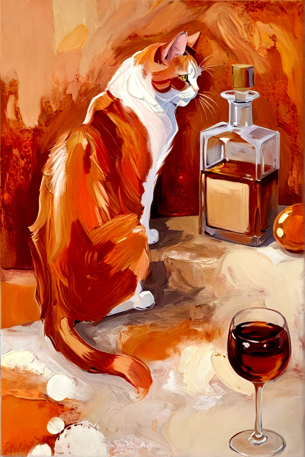 Fat Cat,whole body,bright,Orange cat,Walking on the table cabinet,vanilla,cream,whiskey,Wine glasses,Abstract Art,emotion,emotion,Thick Texture Paint