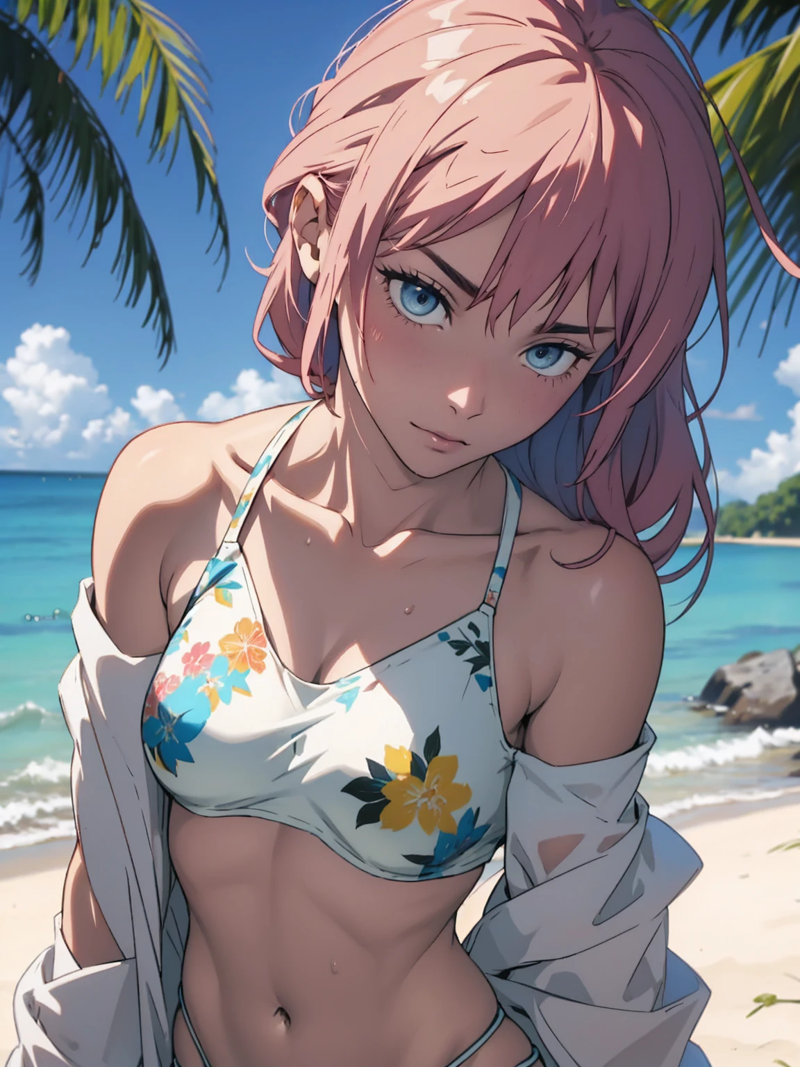 White off-the-shoulder ?????? on the beach in Palau（Sweat, ?????? without shoulder straps、No shoulder strap、Show your shoulders）Surreal Japanese Portraits,Works それ influenced Antonio Lopez'technology, Close zipper, Ron Mueck, Richard Estes, Marilyn Minter、Purple and blue gradation eyes enveloped in the mystery of the universe,(String ??????:1.2)、Perfect lighting, (Perfect hands, Perfect ???????)、whole body（1:2）、(White skin、Muscular arms)、Excellent style,Complete body balance、Dynamic Acid Pose（1:2）、（16:Specializing in aspect ratio 9）,sunglasses、Stiletto heels
