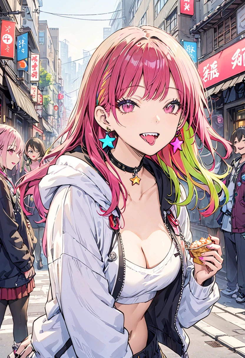 (masterpiece:1.2)、Highest quality、PIXIV、Rebellious girl、One girl、Open your mouth、鋭いteeth、teeth、Long Hair、Street background、gem、badge、ボタンbadge、Food、Pink Eyes、Earrings、Jacket、eyelash、Foodを下にして、star (symbol)、Upper Body、Characters in clothes、zipper、collar、cable、chain、tongue、Stickers、hoodie、smile、spike、Focus on the viewer、長いtongue、Chest in the center、Shoulder Bare、Belly button、Colorful hair colors,leaning forward,Cyberpunk city