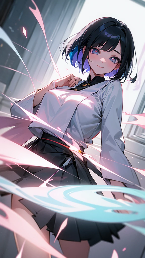 Top Quality, 8K, 4K, High Definition, Detail, (better-quality, 8K, 12), top-quality, 1 girl、purple short bob hair clip tied into a bun、black eyes、small breasts、uniform、gray jacket with pink line、blue skirt、 fingerless gloves、thighs、Ilcha fousing on her, surprise face, having her handon her face, making cute expressing face. picture pose, she is standing up, she has a loil pop in her mouth, she up close only showing her wraist and up.