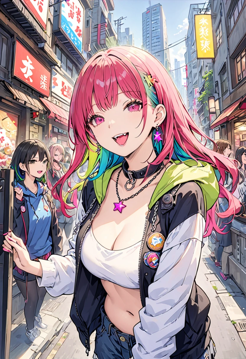 (masterpiece:1.2)、Highest quality、PIXIV、Rebellious girl、One girl、Open your mouth、鋭いteeth、teeth、Long Hair、Street background、gem、badge、ボタンbadge、Food、Pink Eyes、Earrings、Jacket、eyelash、Foodを下にして、star (symbol)、Upper Body、Characters in clothes、zipper、collar、cable、chain、tongue、Stickers、hoodie、smile、spike、Focus on the viewer、長いtongue、Chest in the center、Shoulder Bare、Belly button、Colorful hair colors,leaning forward,Cyberpunk city