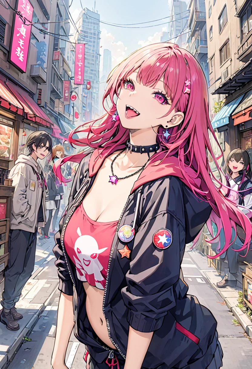 (masterpiece:1.2)、Highest quality、PIXIV、Rebellious girl、One girl、Open your mouth、鋭いteeth、teeth、Long Hair、Street background、gem、badge、ボタンbadge、Food、Pink Eyes、Earrings、Jacket、eyelash、Foodを下にして、star (symbol)、Upper Body、Characters in clothes、zipper、collar、cable、chain、tongue、Stickers、hoodie、smile、spike、Focus on the viewer、長いtongue、Chest in the center、Shoulder Bare、Belly button、Colorful hair colors,leaning forward,Cyberpunk city