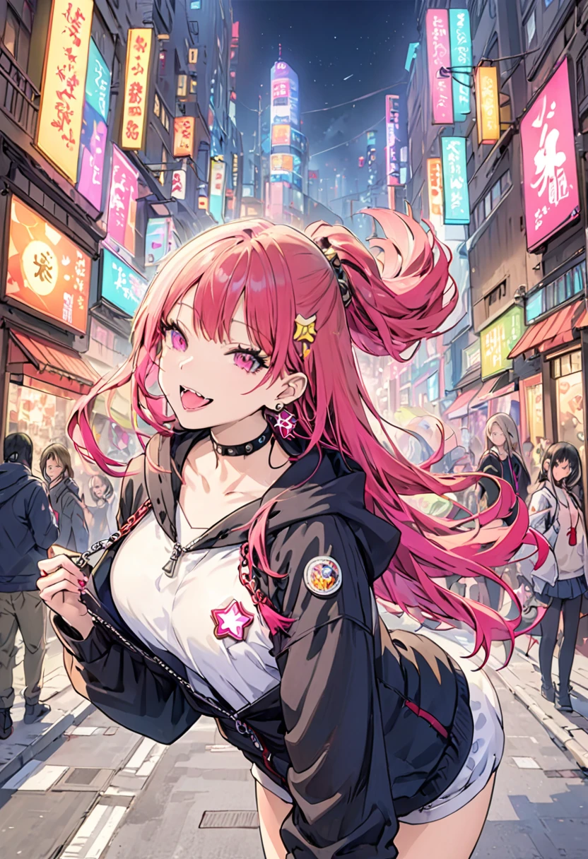 (masterpiece:1.2)、Highest quality、PIXIV、Rebellious girl、One girl、Open your mouth、鋭いteeth、teeth、Long Hair、Street background、gem、badge、ボタンbadge、Food、Pink Eyes、Earrings、Jacket、eyelash、Foodを下にして、star (symbol)、Upper Body、Characters in clothes、zipper、collar、cable、chain、tongue、Stickers、hoodie、smile、spike、Focus on the viewer、長いtongue、Chest in the center、Shoulder Bare、Belly button、Colorful hair colors,leaning forward,Cyberpunk city