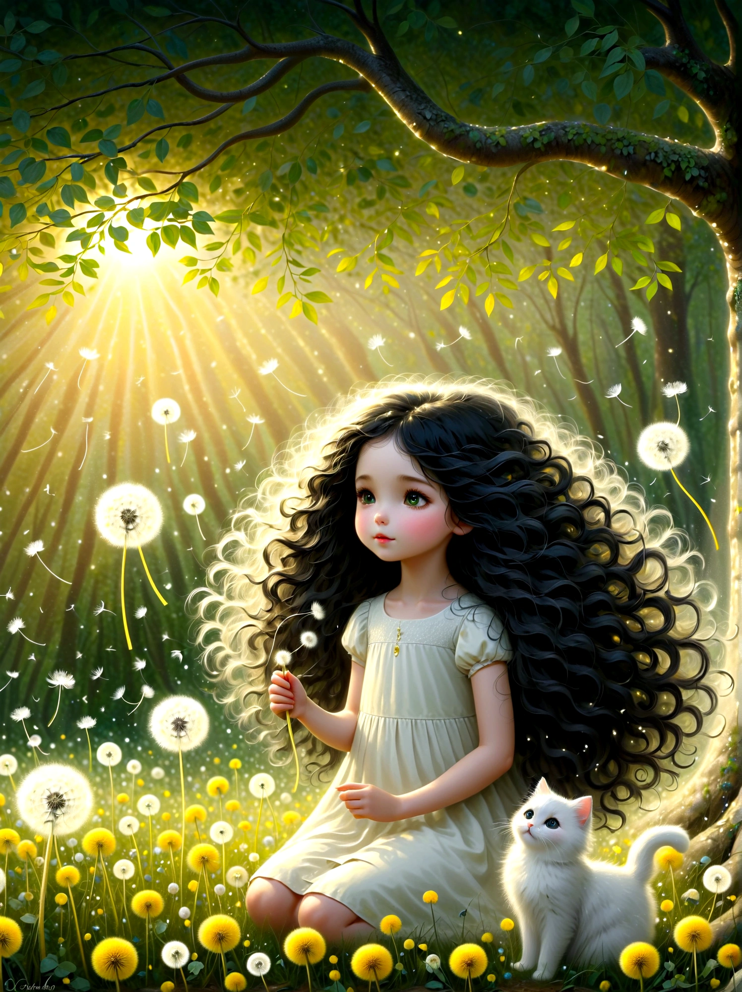 1girl, cute, long black curly hair, a white cat, soft light, dandelions flying down from the trees, the ground is covered with yellow and green leaves, emitting silver light, childlike innocence, storybook-like, gentle depiction of nature, worn, so beautiful, in the style of Amanda clark, Evgeni gordiets, 1nhbm1