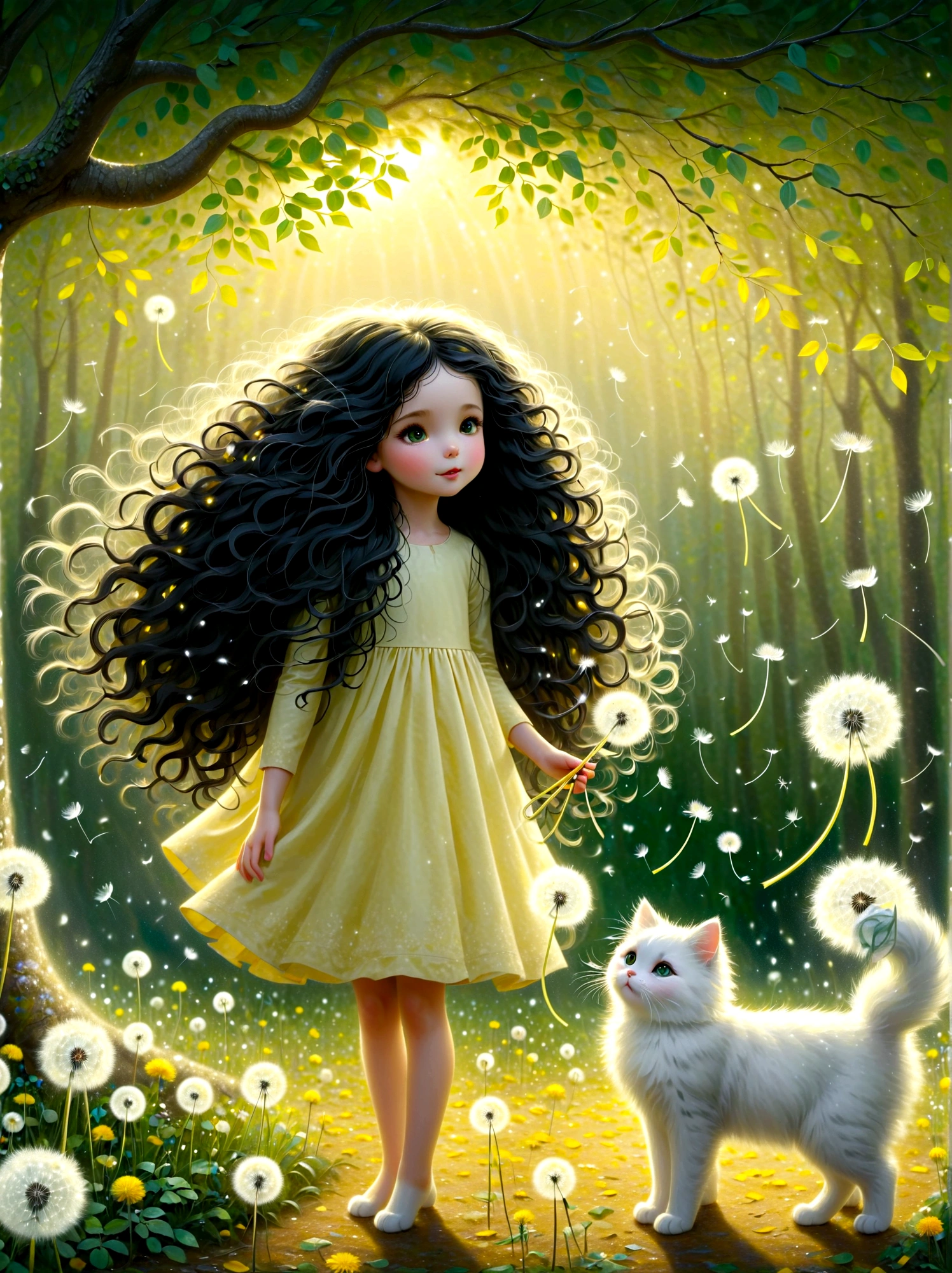 1girl, cute, long black curly hair, a white cat, soft light, dandelions flying down from the trees, the ground is covered with yellow and green leaves, emitting silver light, childlike innocence, storybook-like, gentle depiction of nature, worn, so beautiful, in the style of Amanda clark, Evgeni gordiets, 1nhbm1