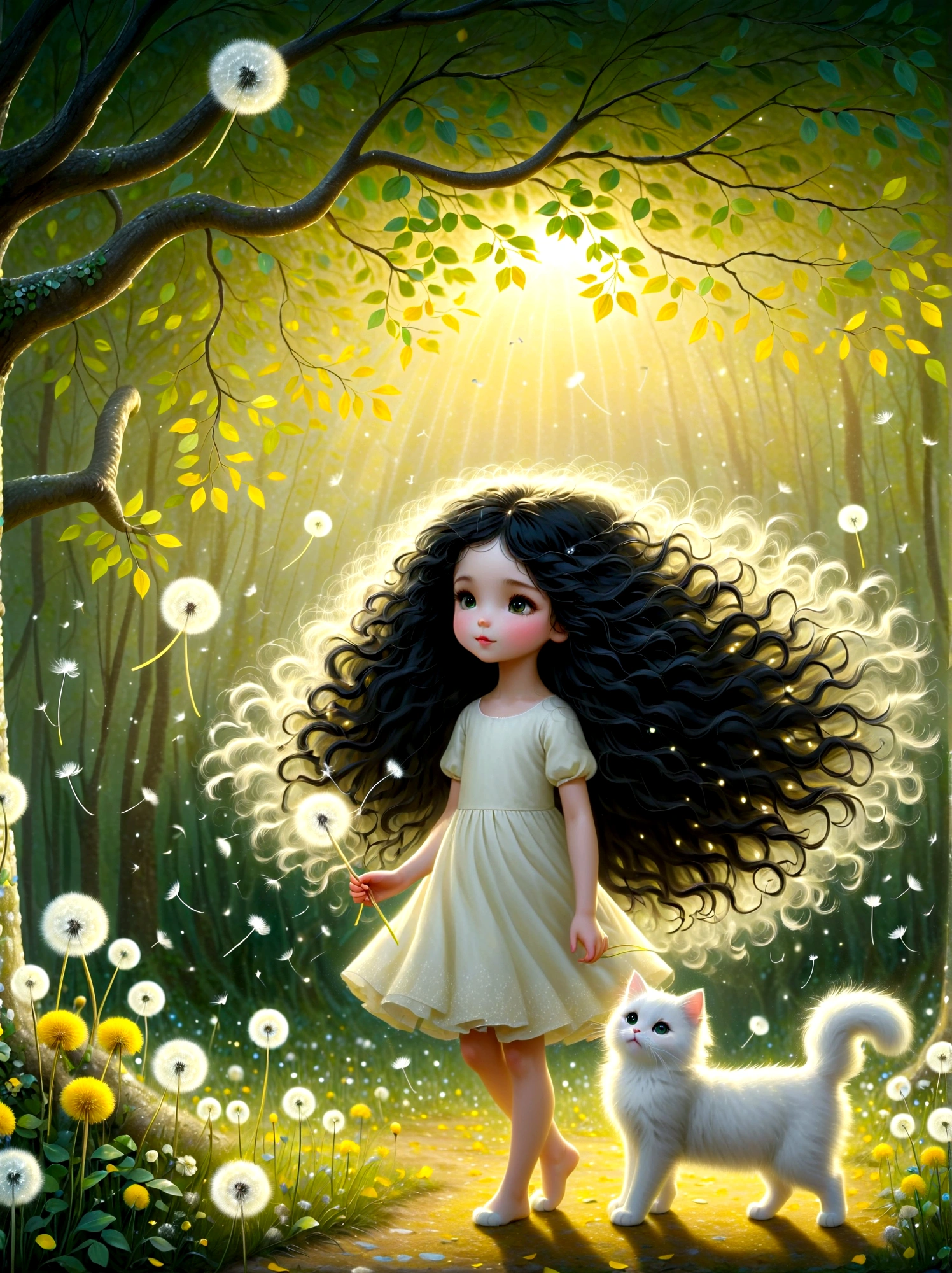 1girl, cute, long black curly hair, a white cat, soft light, dandelions flying down from the trees, the ground is covered with yellow and green leaves, emitting silver light, childlike innocence, storybook-like, gentle depiction of nature, worn, so beautiful, in the style of Amanda clark, Evgeni gordiets, 1nhbm1