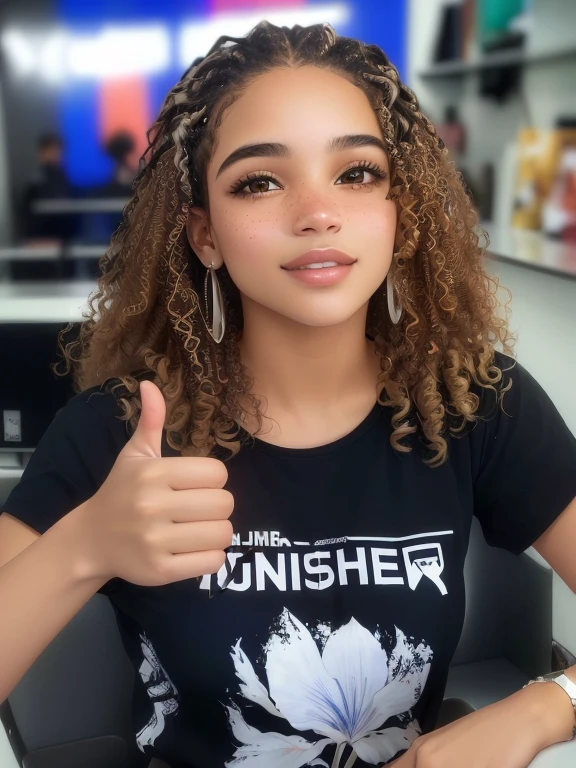 there is a young woman with curly hair giving a thumbs up, inspired by Almeida Júnior, young light-skinned African woman, inspired by Antônio Parreiras, looks like fabiula natal, Asher Duran, profile picture with headshot, by Almeida Júnior, inspired by Bob Singer, inspirado em Lily Delissa Joseph