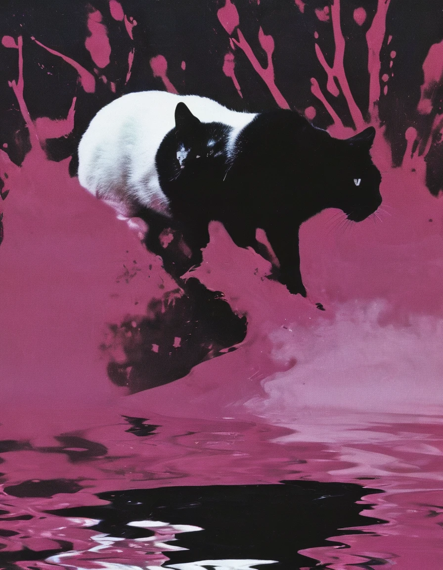 white cat in black water, pink sunset background