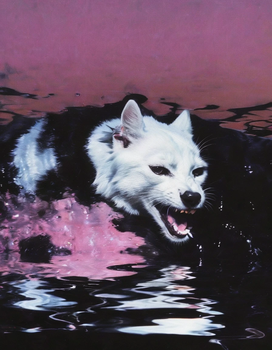 white cat in black water, pink sunset background