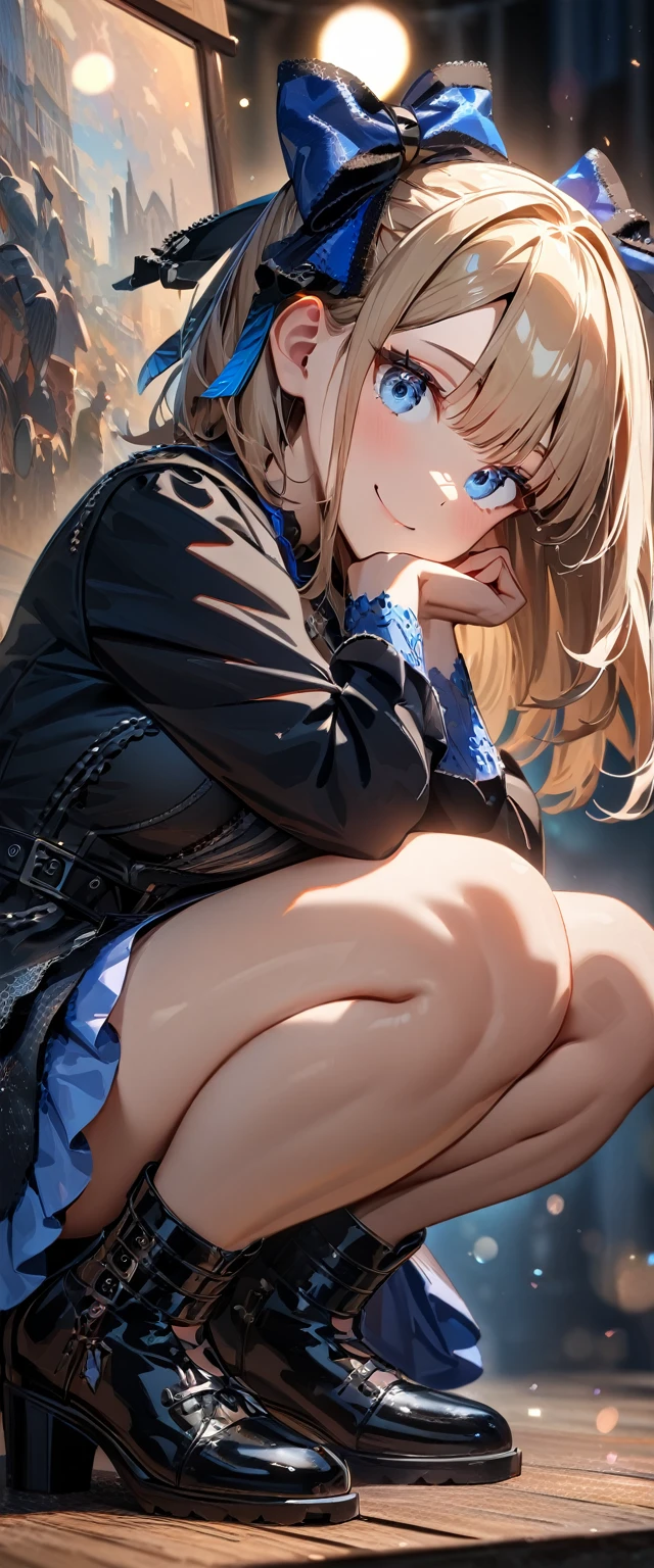 (((One girl))), Shibuya, streat, blond hair, bob cut, (looking at viewer), (((full body))), squatting, head rest, breasts, ager, head tilt:1.3, (((blue eye))), constricted pupils, (from side:1.3), ((happy smile)), (((gothic loli.3))), short dress, bare legs, black braided boots, hair ornament, hair ribbon, anime style, (best quality, 4k, 8k, highres, masterpiece:1.2, ultra-detailed, ultra-detailed eyes, HDR, UHD, studio lighting, ultra-fine painting, sharp focus, physically-based rendering, extreme detail description, professional, vivid colors, bokeh)
