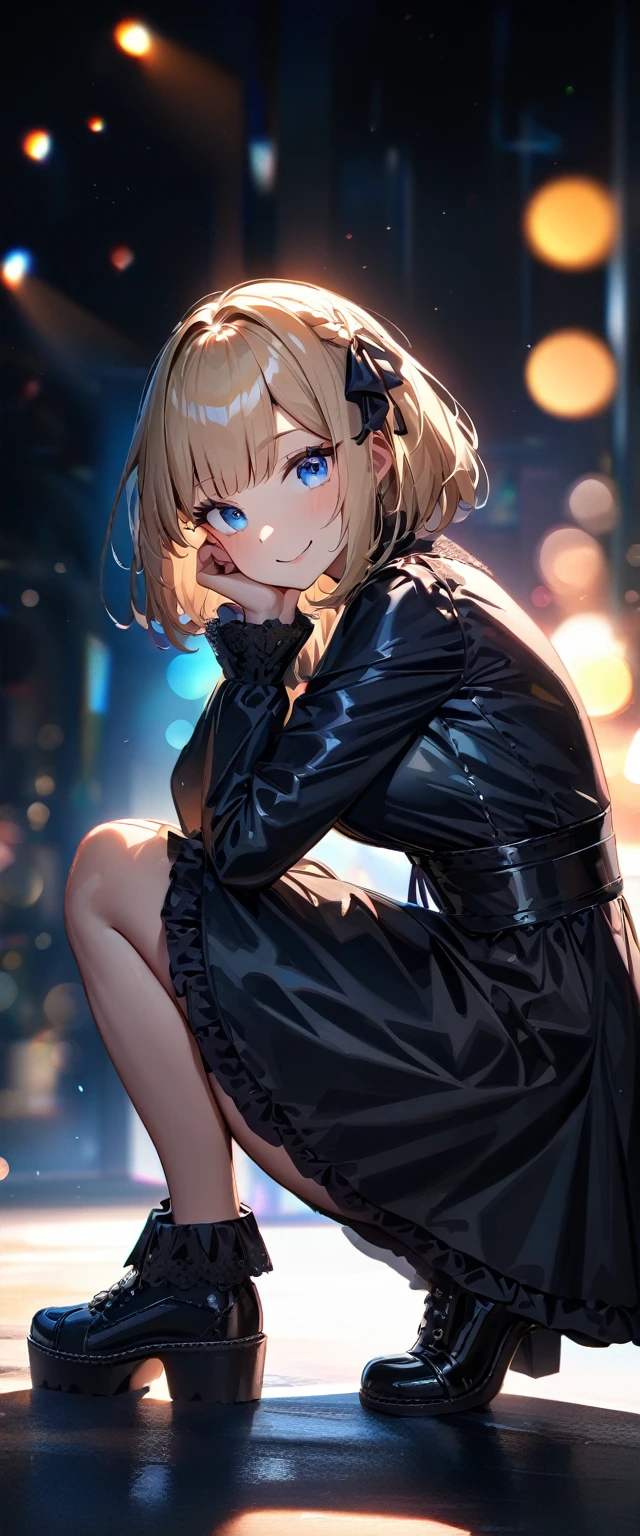 (((One girl))), Shibuya, streat, blond hair, bob cut, (looking at viewer), (((full body))), squatting, head rest, breasts, teenager, head tilt:1.3, (((blue eye))), constricted pupils, (from side:1.3), ((happy smile)), (((gothic lolita:1.3))), short dress, bare legs, black braided boots, hair ornament, hair ribbon, anime style, (best quality, 4k, 8k, highres, masterpiece:1.2, ultra-detailed, ultra-detailed eyes, HDR, UHD, studio lighting, ultra-fine painting, sharp focus, physically-based rendering, extreme detail description, professional, vivid colors, bokeh)
