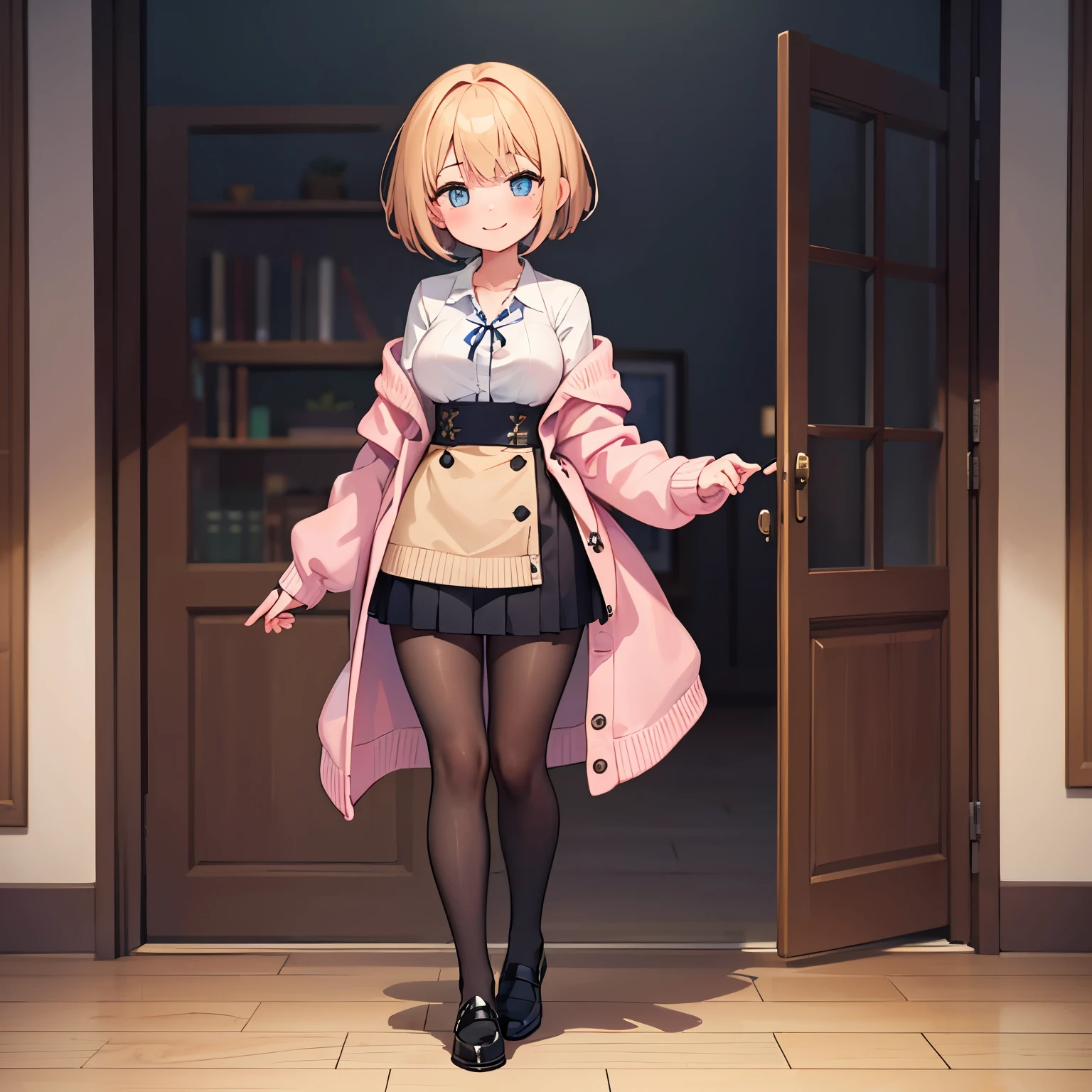 (((1girl))),masterpiece, Highest quality, High resolution, amber, short hair, pantyhose, shirt, cardigan, High Waist Skirt, Are standing,((full body)),(toe),shoses,smilng,curvy

