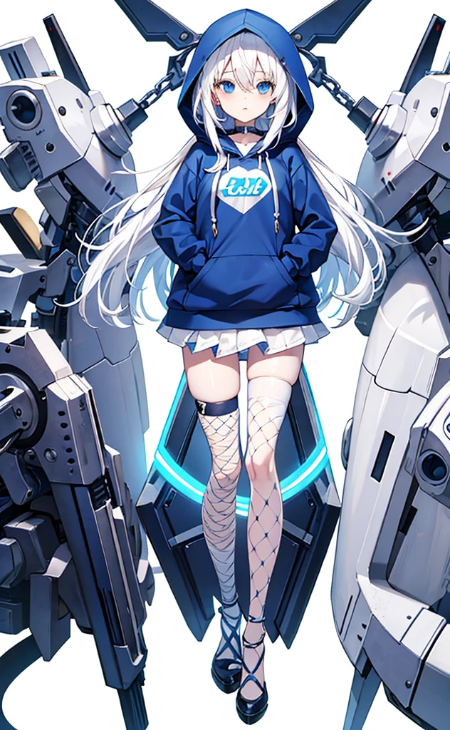 ,White hair,Blue Eyes,hoodie,Blue skirt for lower body,Fishnet stockings,Technology,flat chest。White background。
