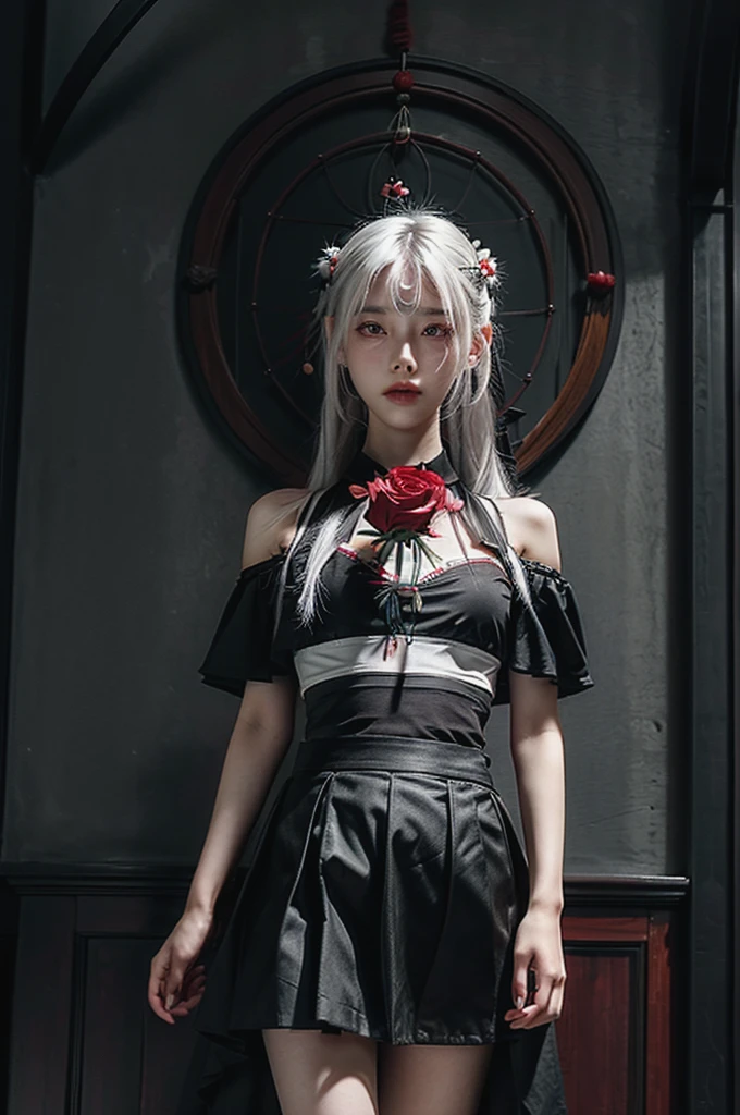 (best quality, masterpiece), (1 Girl, Solitary, Black skirt, permanent , Looking at the audience, White hair, Red Eyes, Holding a rose, Shut up, Upper Body), (There is a red dream catcher behind, safflower, )