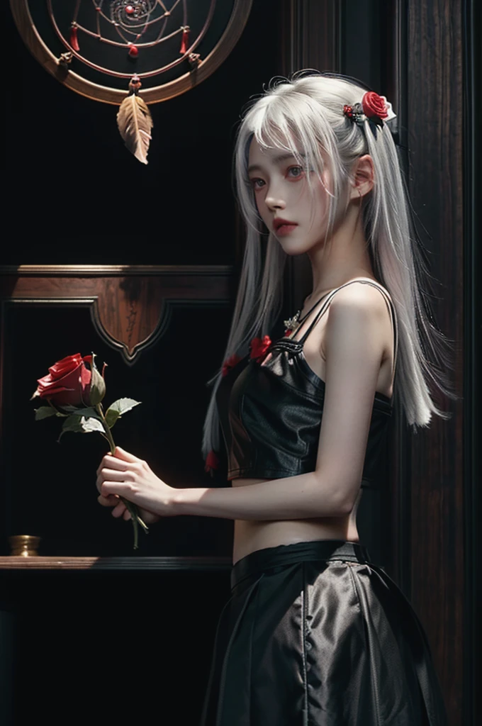 (best quality, masterpiece), (1 Girl, Solitary, Black skirt, permanent , Looking at the audience, White hair, Red Eyes, Holding a rose, Shut up, Upper Body), (There is a red dream catcher behind, safflower, )