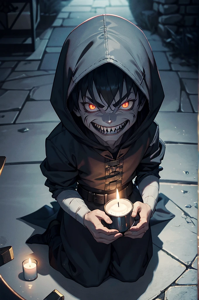 gray little monster man, medieval thief clothing, alone, nighttime, iluminated by a candle, evil grin with sharp teeth.