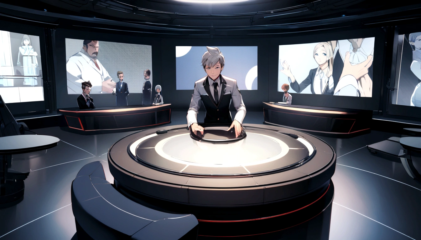 An elegant television studio with modern, futuristic decor, filled with soft lights and a sophisticated atmosphere. In the center of the stage, there is a large round table made of transparent glass, where four professionals are sitting. The presenter is standing next to the table, wearing an elegant suit, with a welcoming smile on his face and a microphone in hand. At the table, three experts in their respective fields sit: Dr. Miguel, a doctor with a white coat and a stethoscope around his neck; an engineer in a dark suit with a tablet in hand; and a scientist with a lab coat and goggles perched on her head. Beside them is Professor Charlotte Miller, a middle-aged woman with well-groomed gray hair, wearing an elegant skirt and blazer set, cutting a respectable and calm figure. The studio background displays high-tech screens showing graphics and images related to nanotechnology, creating an atmosphere of innovation and progress. The facial expressions of those present reflect concentration and interest, while the presenter, with an inviting gesture, directs the first question to Dr. Miguel. The studio audience, partially visible in the shadows, watches intently.