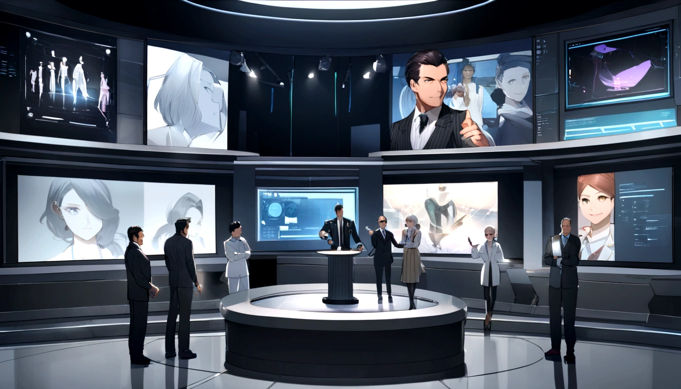 An elegant television studio with modern, futuristic decor, filled with soft lights and a sophisticated atmosphere. In the center of the stage, there is a large round table made of transparent glass, where four professionals are sitting. The presenter is standing next to the table, wearing an elegant suit, with a welcoming smile on his face and a microphone in hand. At the table, three experts in their respective fields sit: Dr. Miguel, a doctor with a white coat and a stethoscope around his neck; an engineer in a dark suit with a tablet in hand; and a scientist with a lab coat and goggles perched on her head. Beside them is Professor Charlotte Miller, a middle-aged woman with well-groomed gray hair, wearing an elegant skirt and blazer set, cutting a respectable and calm figure. The studio background displays high-tech screens showing graphics and images related to nanotechnology, creating an atmosphere of innovation and progress. The facial expressions of those present reflect concentration and interest, while the presenter, with an inviting gesture, directs the first question to Dr. Miguel. The studio audience, partially visible in the shadows, watches intently.