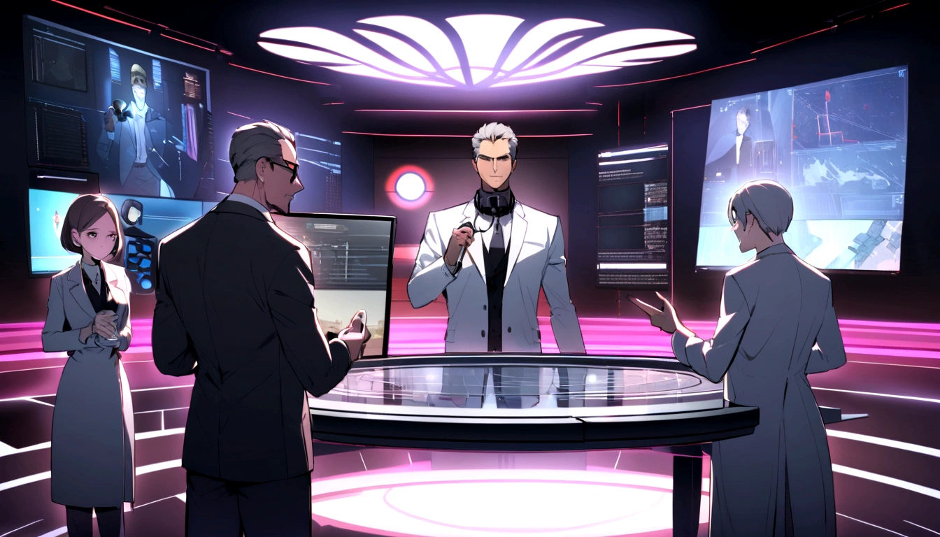 An elegant television studio with modern, futuristic decor, filled with soft lights and a sophisticated atmosphere. In the center of the stage, there is a large round table made of transparent glass, where four professionals are sitting. The presenter is standing next to the table, wearing an elegant suit, with a welcoming smile on his face and a microphone in hand. At the table, three experts in their respective fields sit: Dr. Miguel, a doctor with a white coat and a stethoscope around his neck; an engineer in a dark suit with a tablet in hand; and a scientist with a lab coat and goggles perched on her head. Beside them is Professor Charlotte Miller, a middle-aged woman with well-groomed gray hair, wearing an elegant skirt and blazer set, cutting a respectable and calm figure. The studio background displays high-tech screens showing graphics and images related to nanotechnology, creating an atmosphere of innovation and progress. The facial expressions of those present reflect concentration and interest, while the presenter, with an inviting gesture, directs the first question to Dr. Miguel. The studio audience, partially visible in the shadows, watches intently.