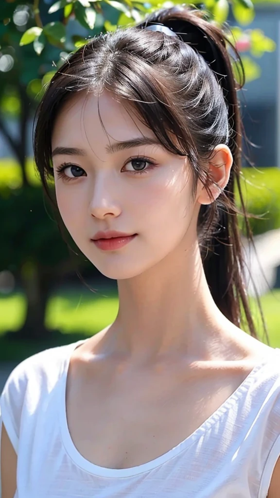 dress,outdoors,Urban Park,On the lawn,One woman,close up face,fully body photo,masutepiece, The highest image quality, High quality, the background is clear，Beautiful woman, Japanese, Detailed, Ultra-detailed, finely detail, hight resolution, 8K Wallpaper, Perfect dynamic composition, Beautiful detailed eyes ,Detailed eyes, Detailed skin, Beautiful skin, 超hight resolution, (reality: 1.4),Very beautiful woman, Slightly younger face, Beautiful skin, slender, (Ultra photo realsisim), (hight resolution), (8K), (Very detailed) (beautifully detailed eyes), (super detailed),   (Detailed face), view the viewer, Fine details, Detailed face, Staring straight ahead, Staring straight ahead, photos realistic, Bright lighting, Professional Lighting, Black hair,poneyTail,a baby face,sixteen years old,Hairstyle: ponytail,Long ponytail hairstyle,slight smile,