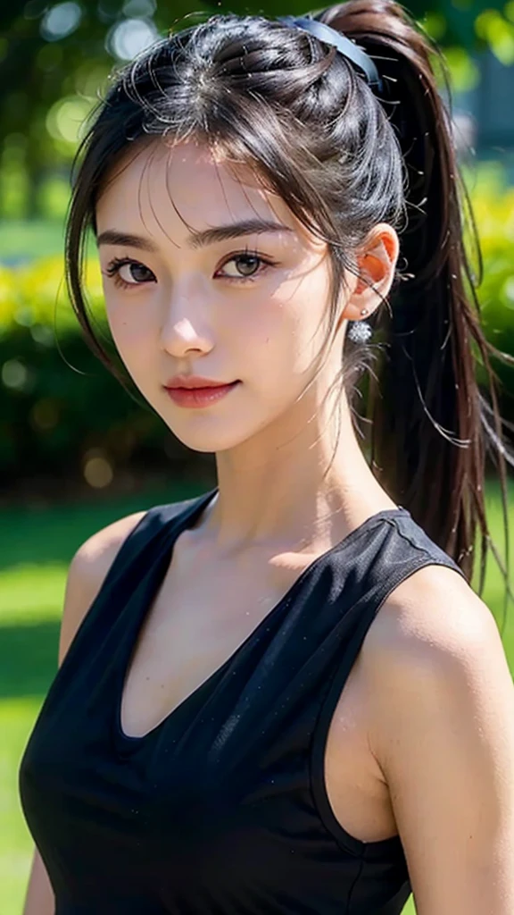 dress,outdoors,Urban Park,On the lawn,One woman,close up face,fully body photo,masutepiece, The highest image quality, High quality, the background is clear,Beautiful woman, Japanese, Detailed, Ultra-detailed, finely detail, hight resolution, 8K Wallpaper, Perfect dynamic composition, Beautiful detailed eyes ,Detailed eyes, Detailed skin, Beautiful skin, 超hight resolution, (reality: 1.4),Very beautiful woman, Slightly younger face, Beautiful skin, slender, (Ultra photo realsisim), (hight resolution), (8K), (Very detailed) (beautifully detailed eyes), (super detailed), (Detailed face), view the viewer, Fine details, Detailed face, Staring straight ahead, Staring straight ahead, photos realistic, Bright lighting, Professional Lighting, Black hair,poneyTail,a ,sixteen ye: ponytail,Long ponytail hairstyle,slight smile,