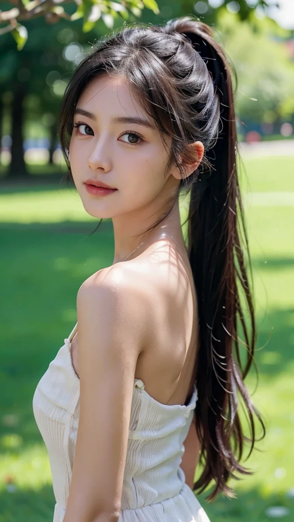 dress,outdoors,Urban Park,On the lawn,One woman,close up face,fully body photo,masutepiece, The highest image quality, High quality, the background is clear，Beautiful woman, Japanese, Detailed, Ultra-detailed, finely detail, hight resolution, 8K Wallpaper, Perfect dynamic composition, Beautiful detailed eyes ,Detailed eyes, Detailed skin, Beautiful skin, 超hight resolution, (reality: 1.4),Very beautiful woman, Slightly younger face, Beautiful skin, slender, (Ultra photo realsisim), (hight resolution), (8K), (Very detailed) (beautifully detailed eyes), (super detailed),   (Detailed face), view the viewer, Fine details, Detailed face, Staring straight ahead, Staring straight ahead, photos realistic, Bright lighting, Professional Lighting, Black hair,poneyTail,a baby face,sixteen years old,Hairstyle: ponytail,Long ponytail hairstyle,slight smile,
