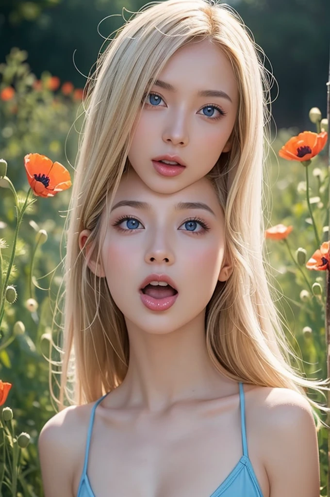 One girl, alone, elegant hair (whole body: 1.1), (Looking at the audience: 1.1), Young African Boy, Tight tiny bikini, Wild poppies swaying in the wind, movie , sweet_Lolita, Highest quality, masterpiece, Blonde, blue eyes. Open your mouth,,Exquisite mouth,((Ejaculation in the mouth)),Delicate,mouth,Highly detailed face,blush,Shiny wet skin,Normal tongue,Don't stick out your tongue,Pink Lips,Delicate lips, ((All over the face, mouth and cheeks))